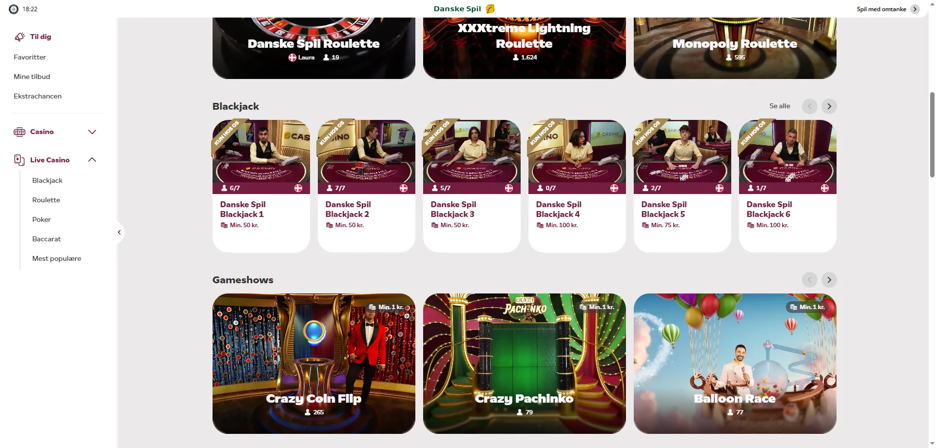 Live casino hos DanskeSpil med professionelle dealere og bordspil